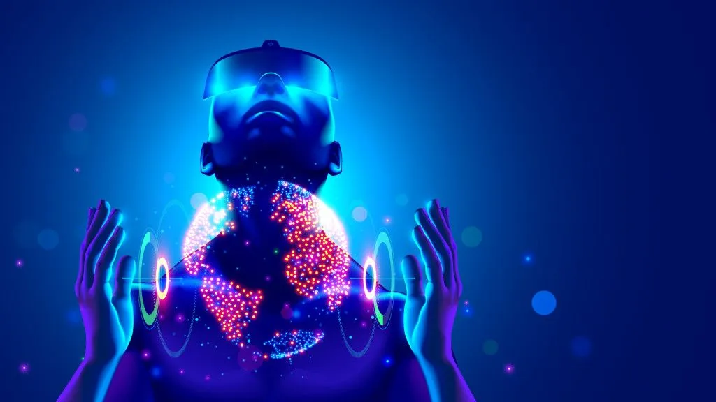 Virtual reality digital technology concept. Man wearing 3d VR headset glasses looks up