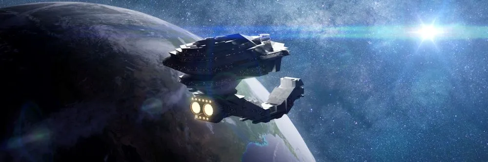 Huge,Spaceship,In,Orbit,Of,Planet,Earth,,Spacecraft,In,Outer