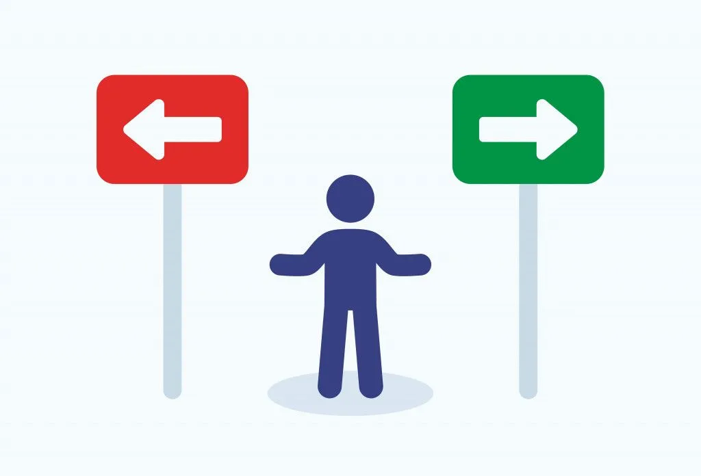 Man making decision on direction choice icon vector graphic