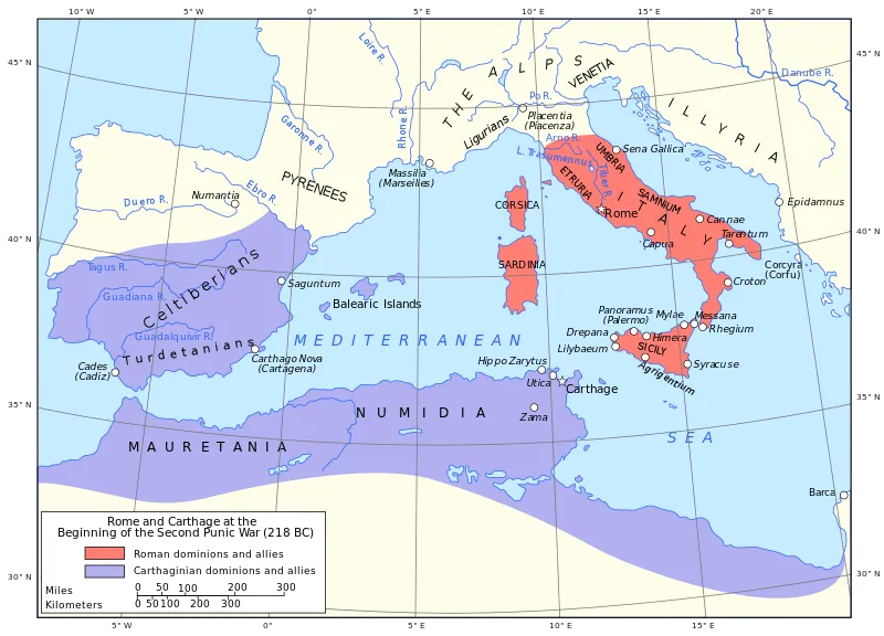 Map of Rome and Carthage at the start of the Second Punic War