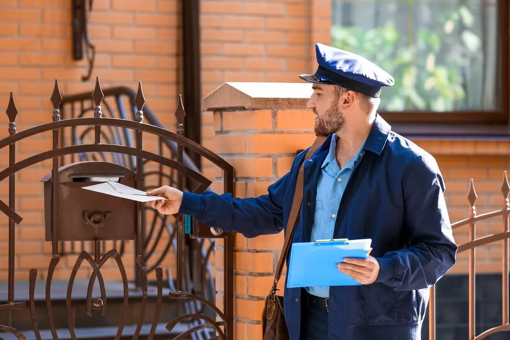 Handsome,Young,Postman,Putting,Letter,In,Mail,Box,Outdoors
