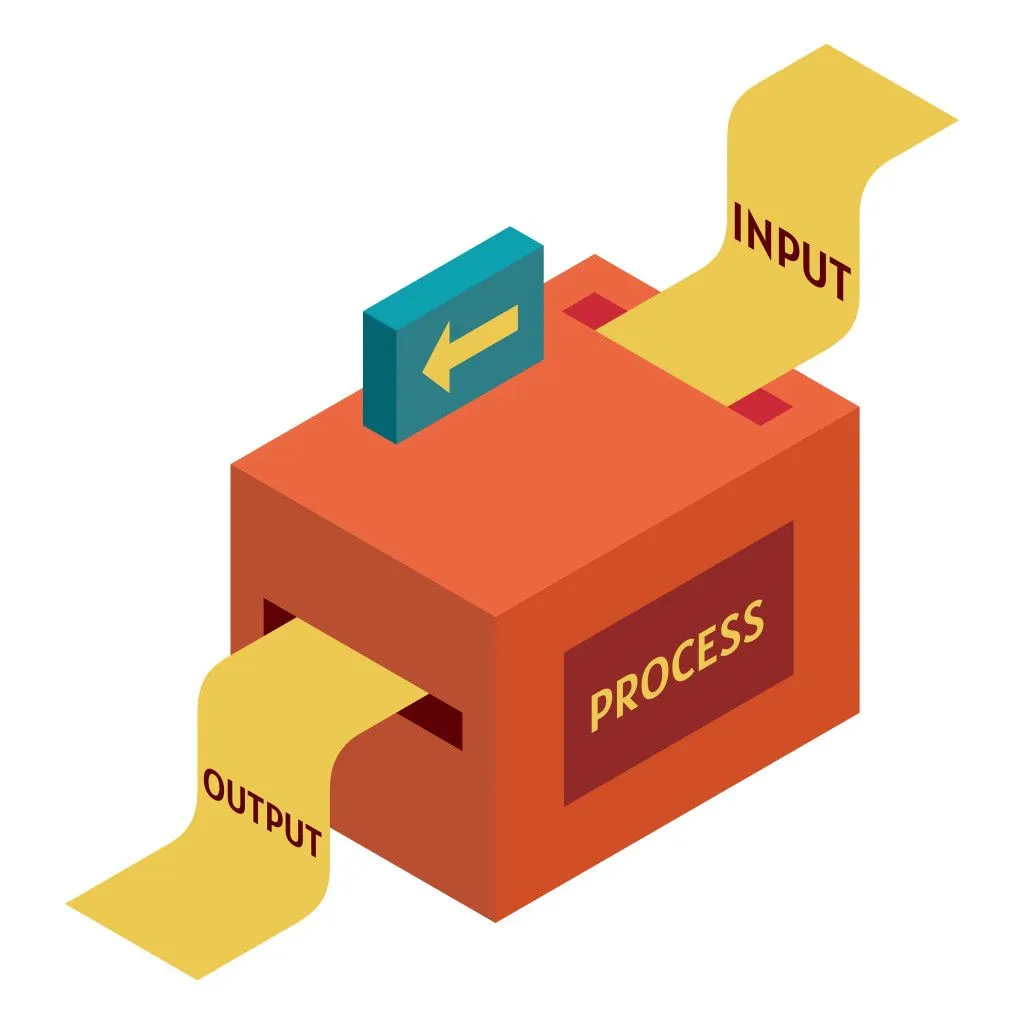 isometric illustration of the production process in the form of input to output, in sheet form