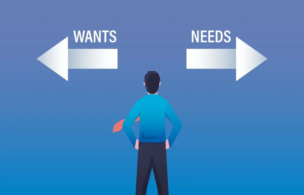 Businessman dilemma choice between wants and needs
