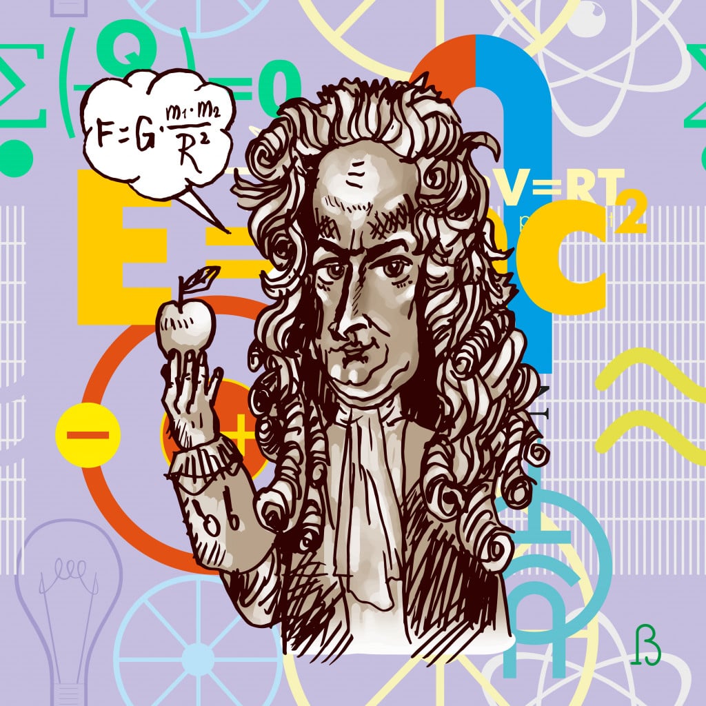 Scientist physicist Isaac Newton with an apple