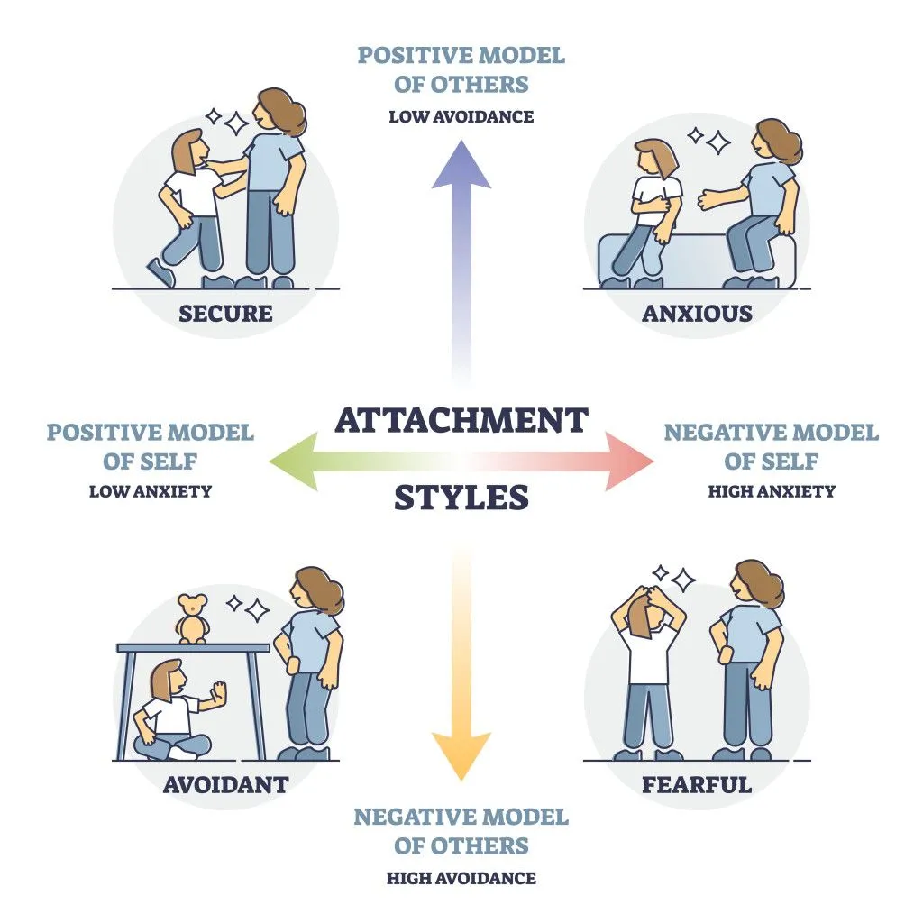 Attachment styles as secure, anxious, avoidant or fearful outline diagram