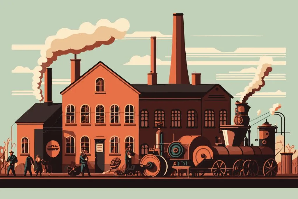 Flat vector illustration of the industrial revolution showing machines