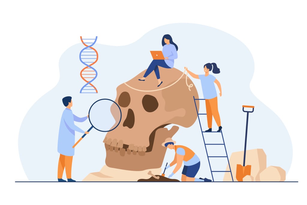Tiny anthropologists studying Neanderthal skull flat vector illustration