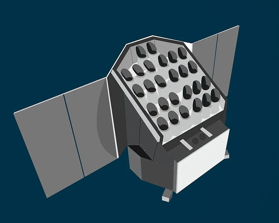 This illustration shows how the PLAnetary Transits and Oscillations of Stars (PLATO) spacecraft might appear. (Credits: Wikimedia Commons)