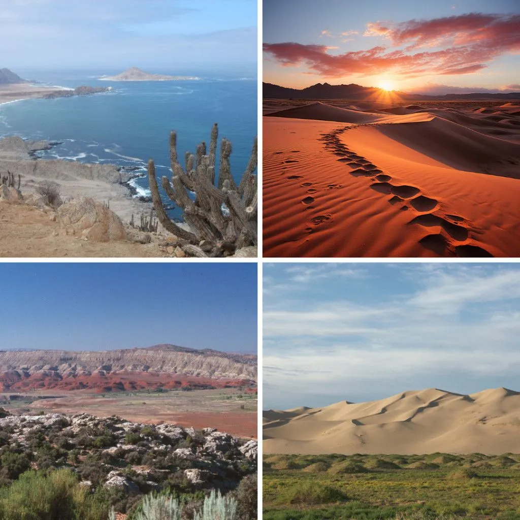 Coastal desert: Atacama Desert in South America. Hot and Dry Desert: Sahara Desert in Africa. Semi-Arid Deserts: Great Basin Desert in North America. Cold Deserts: Gobi Desert in Central Asia