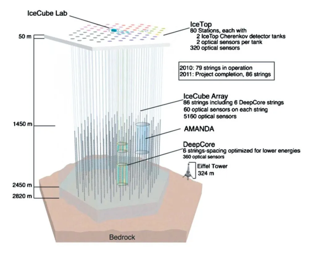 This is a structural diagram of the IceCube observatory used to detect neutrinos, with the optical sensors and the Cherenkov detector indicated. (Credits: Wikimedia Commons)