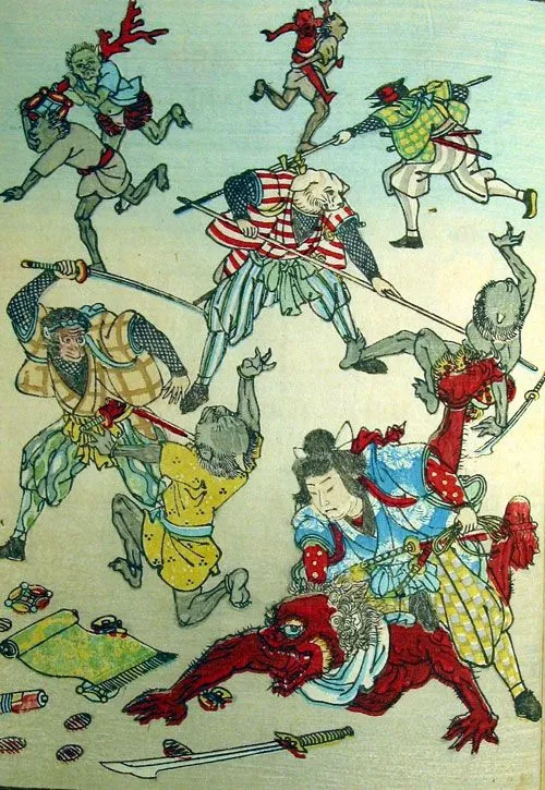 Momotaro defeating the symbolic demons. (Credits: Wikimedia Commons)