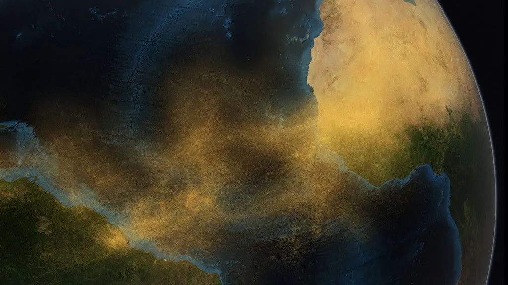Saharan dust crossing the Atlantic Ocean to reach Amazonian rainforests. (Credit: NASA)