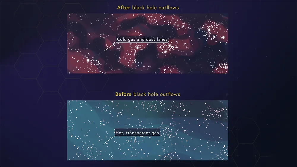 A comparison of how the black hole flows would affect its neighborhood by heating and ionizing. (Credits: Space Telescope Science Institute)