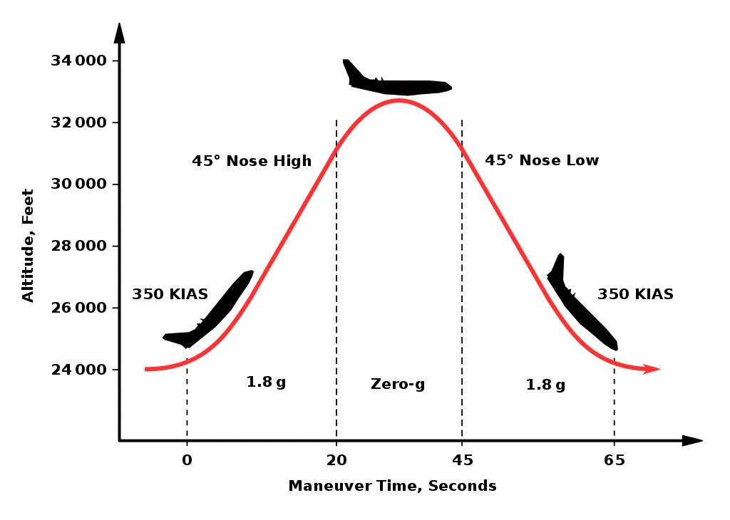 This is the trajectory of a plane that undertakes parabolic flights to attain nearly zero-gravity conditions. The flight path and the elliptical orbit around the Earth’s core coincide during the 20-45 second time interval in this figure, when it is in zero-gravity. (Credits: Wikimedia Commons)