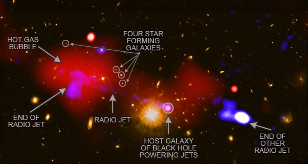 In this composite image, X-rays from NASA’s Chandra X-ray Observatory (red), radio emission detected by the NSF’s Karl Jansky Very Large Array, or VLA (blue), and an optical image from NASA’s Hubble Space Telescope (yellow) are combined together. There are four star-forming galaxies present, despite the presence of a black hole powering jets (Radio, hence blue patches) (Credit: X-ray: NASA/CXC/INAF/R. Gilli et al.; Radio NRAO/VLA; Optical: NASA/STScI)