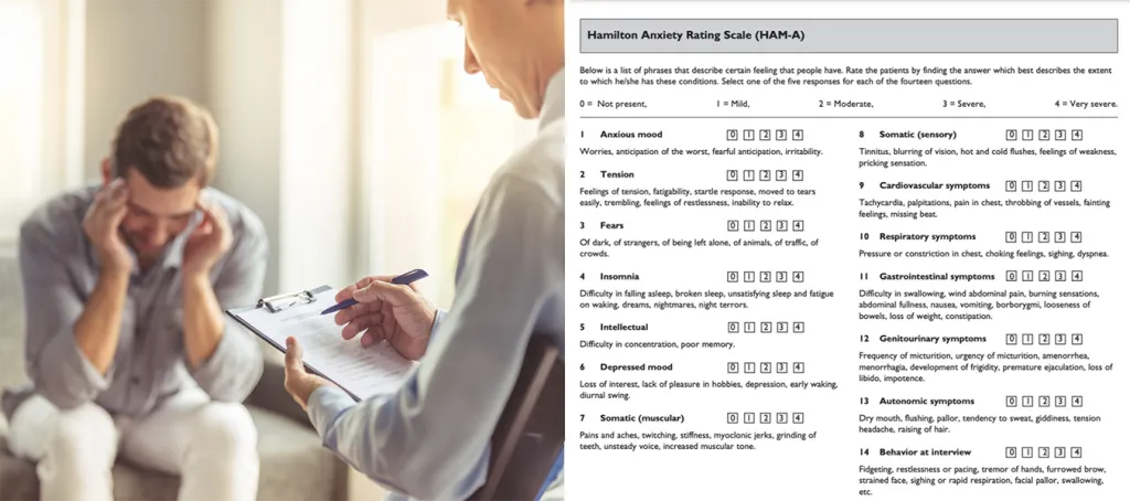 A licensed therapist may use this type of test to understand your symptoms better; Right: a picture of the Hamilton Anxiety Rating Scale to diagnose anxiety (Credits: vgstockstudio/Freepik)