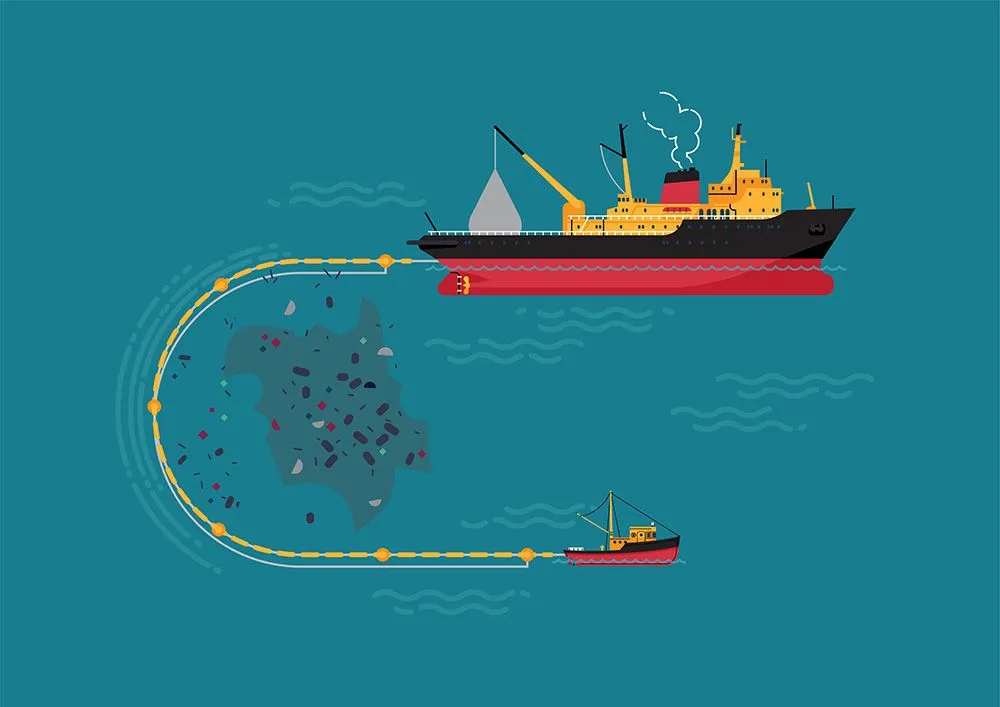 Strategy of The Ocean Cleanup to gather and remove plastic from the Great Pacific Plastic Patch (Credits: Mascha Tace/Shutterstock)