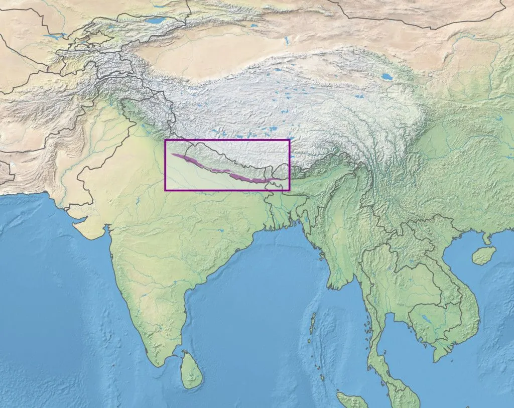 A map showing the extent of the Terai-Duars savanna (Credits: Terpsichores/Wikimedia Commons)