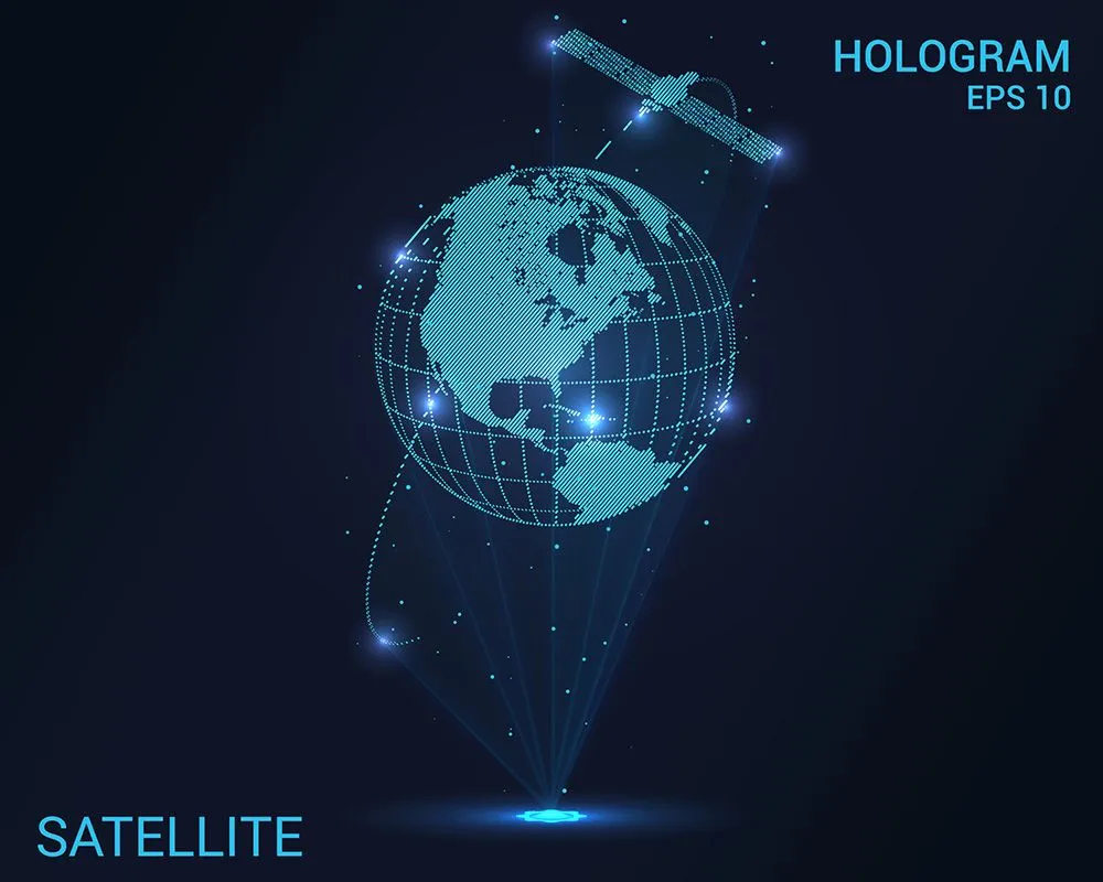 An artistic image of a satellite flying around the Earth in a holographic projection. (Credits: Maxim Gaigul/Shutterstock)