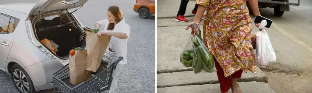 Americans load up groceries in their car, while in India and many other developing nations, many people go to their local vendor by foot.