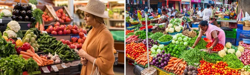 Left: In the US, fruits and vegetables are packaged and coated with wax to dazzle the customers; Right: Vegetables vendors in India, where fruits are sold at local markets (Credits: pixel-shot.com)