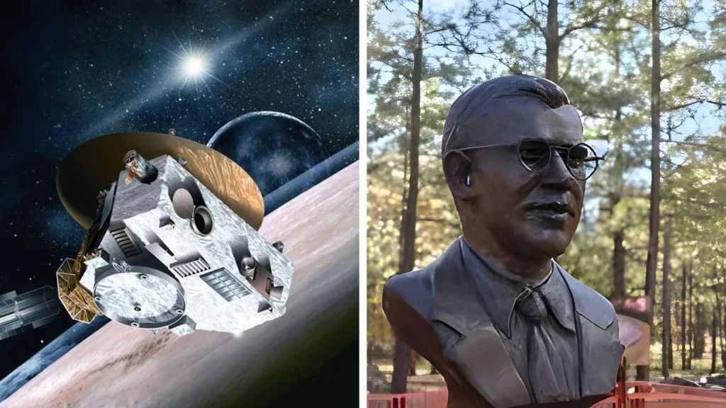 Left: A 3D illustration of the New Horizons spacecraft that carried the ashes of Pluto’s discoverer, Clyde Tombaugh. Right: This is the bust of Clyde Tombaugh placed outside Lowell Observatory where he worked.